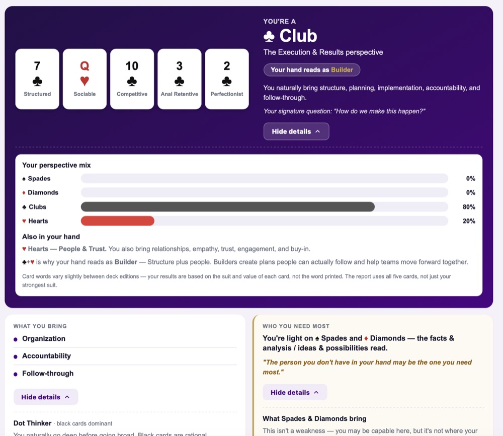 A Full Deck IQ results page showing five cards, the dominant suit, the archetype it forms, and a breakdown of the perspective mix